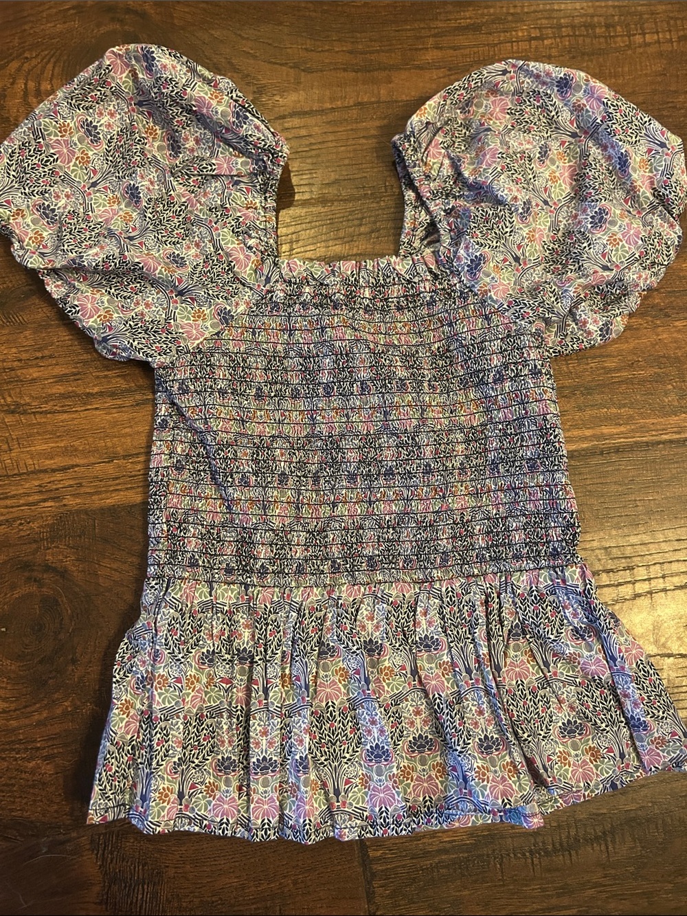 J. Crew Liberty Smocked Puff-Sleeve Floral Top — Lavender Multi